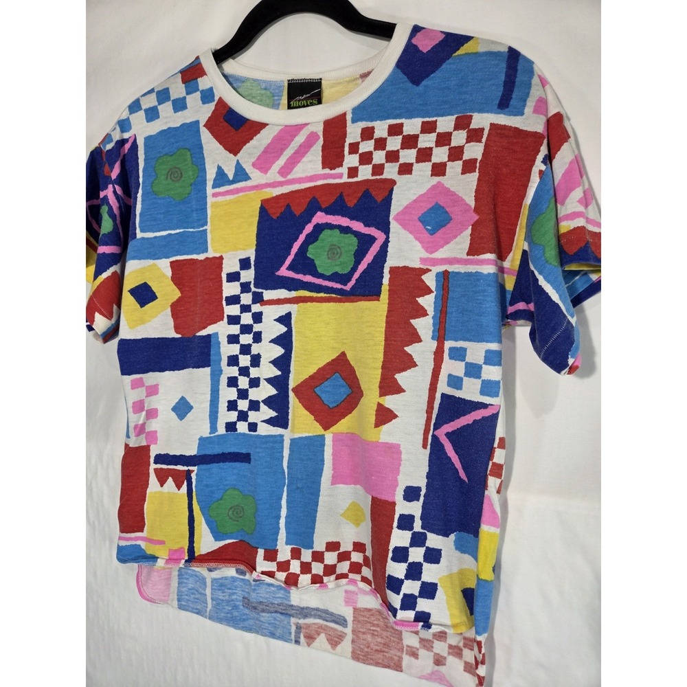 New Moves Geometric Abstract Kids 14-16 Multicolor Good Vintage 80s Artsy Tee